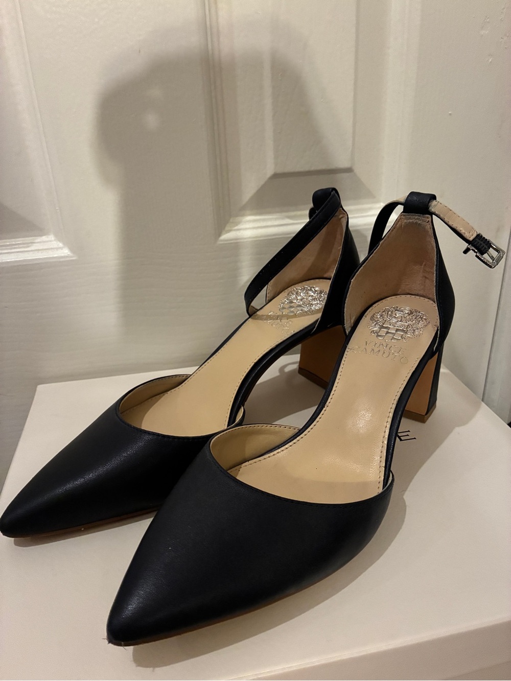 Vince Camuto Black Pointed Block Heel Ankle Strap Pumps - Navy Blue